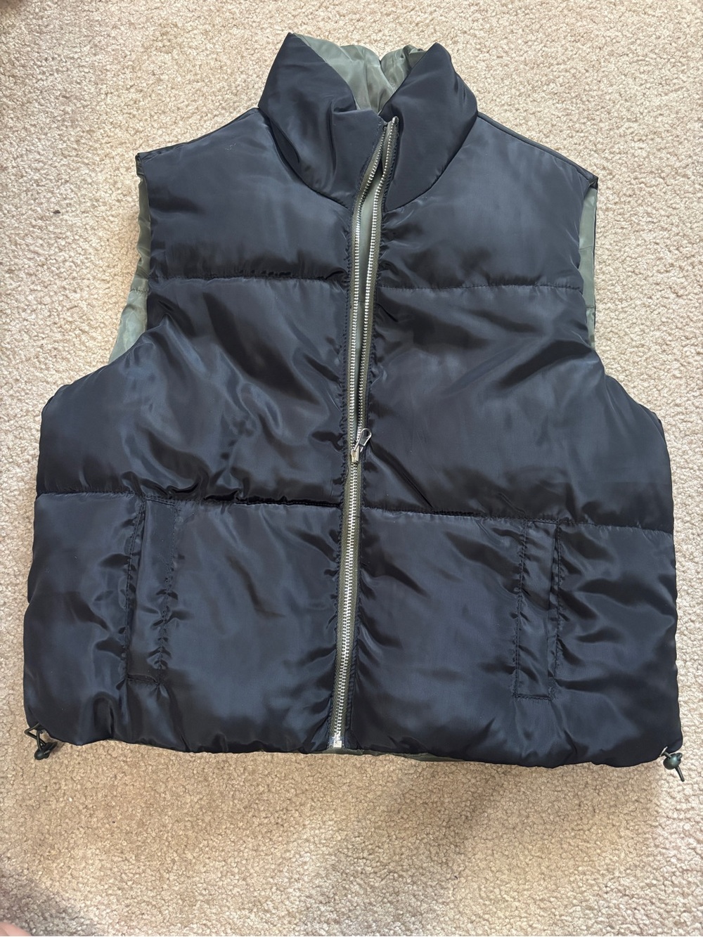Reversible Puffer Vest in Black and Olive Green